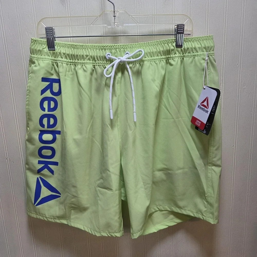 Reebok Swim Trunks Mens Medium Green 7 Inseam Built-In Brief Shorts Drawstring‎